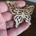 Vintage Beautiful Wooden Gold Style Brass Butterfly Brooch 1970s Signed LC Brown Photo 5
