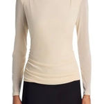 AQUA  Women's Beige Mock Neck Ruched Long Sleeve Top Elegant‎ Party Photo 0