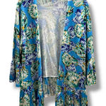 Chico's Blue Yellow Shell Print Linen Blend Cardigan - 2 or L - Open Front Photo 0