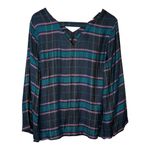 Loft  Plaid Bell Sleeve Top V-Neck Cut‎ Out Boho Purple Blue Women Size Medium Photo 4
