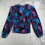 Suzy Shier  Shirt Blue Pink Floral Flowers Pleated Crop‎ Blouse Wrap Top Size M Photo 1