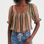 American Eagle Striped Cropped Elastic Bottom Blouse Boho XS Photo 0