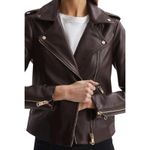 Reiss  Leiya Lamb Leather Moto Jacket In Berry Brownish Red Size 4 Photo 2