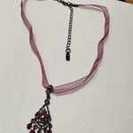 Signed 1928 (Brand) Gunmetal Tone Red & Pink Rhinestone With Ribbon Necklace Photo 0