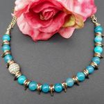 NWT Sequin Gold Tone & Blue Bead Collar Necklace Asymmetrical Paved Pendant 18" Photo 0