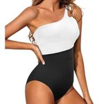 NWT ~ Black & White One Shoulder One Piece Tummy Control Swimsuit ~ Women's XL Photo 1