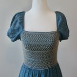 Moon River Teal Tan Smocked Square Neck Puff Sleeve Flowy Boho Midi Dress Small Photo 2