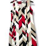 BOSS Hugo Boss Geometric Sheath Dress 10 Red Black Beige V Neck Portugal 40s Mod Size 12 Photo 0