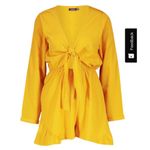 Boohoo Yellow Tie Front Ruffle Hem Long Sleeve Romper Size 8 boho Y2K Photo 1
