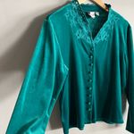 VINTAGE 90s Together Teal Velvet Blouse With lace Embroidery collared Green Size L Photo 3
