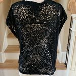 Black Solid Top Semisheer Open Weave Womens Medium Pullover Short Sleeve Photo 6
