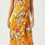 ASTR NWT  Mustard Yellow Floral Satin Wrap Ruffle Midi Dress Tie Straps Size XS Photo 0