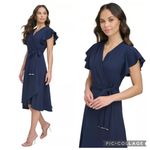 DKNY  Flutter Sleeve Belted Faux Wrap Midi Dress Navy Blue 22W Plus Size Photo 2