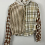 American Eagle Cropped Flannel Hoodie Shirt Plaid Distressed Womens Medium Photo 0