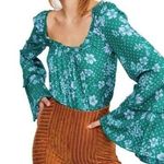 Free People One on One Flare Sleeve Floral Dot Long Sleeve Bodysuit Green Photo 0