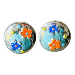 Painted Silver Floral‎ Circle Button Earrings Vintage Orange Yellow Blue Posts Photo 2