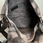 ABRO suede leather abstract print saddle bag, brown and tan, adjustable strap Photo 8