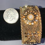 Gold Tone Mesh Rhinestone Faux Pearl Boho Retro Chunky Bangle Bracelet Photo 4