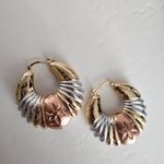 Boutique Tricolor Gold Chunky Hoop Earrings Greek Key Photo 1
