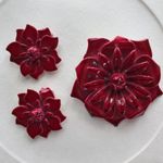 Vintage Metal Layered Flower Brooch and Ear Clips Red 2 1/4" x 2 1/4" + 1.5" Set Photo 0
