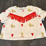 Urban Outfitters Unique Vintage Women's Tweety Bird Boxy T-Shirt White L Red Fringe Heart Graphic Photo 3