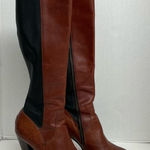 Frye Mikaela Boots Leather Heels Stretch Panels Zipper Closure Brown Black Photo 0