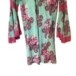 Velzera Mini Dress Tunic Green Pink Paisley Crochet Fringe Bell Sleeves SZ LG Photo 3