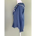 At Last Vtg Denim Shirt Big Lace Collar Cottagecore Cowgirl Granola Girl Lace Up Sz L M‍ Photo 5