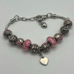 Long Way Silver Tone Chain Pink Crystal Love Heart Bead Glass Charm Bracelet Photo 1