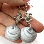 Handmade Dangle Earrings Genuine Handcrafted Seashell Turtle Blue Gray Coastal Beach Photo 2