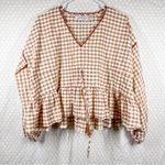 Petal and Pup Brown White Gingham Check Tie Waist Ruffle Sleeve Top Photo 0