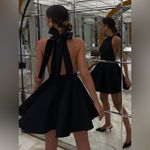 COMMENSE Satin Knotted Doule Pockets Open Back Pleated Mini Dress Medium Black Photo 1