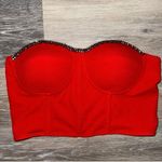 Timing  Red Corset Top with Black Lace Trim & Silver Rhinestones - Size Large Photo 0