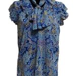Elan Ava Blue Tapestry Ruffle Sheer Tie Neck Boho Top NWT Size Medium Y2K Photo 0