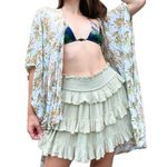 Free People  Sage Green Tiered Ruffle Smocked Bohemian Hippie Summer Mini Skirt S Photo 1
