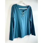 Talbots  Long Sleeve Lace Up Top Teal Blue Cotton Blend Size Large Photo 2