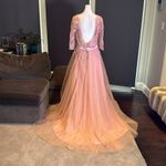 Women’s Pink Lace Appliqué Tulle Wedding Formal Prom Dress Leg Slit Size L NWOT Size L Photo 4