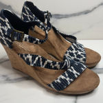 Toms  Women's Blue Black White Canvas Cork Wedge Comfort Sienna Sandals Sz 8.5 Photo 0