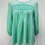 YA Los Angeles Mint Green Lightweight Cotton Blend Blouse with Lace & Mesh by Photo 1
