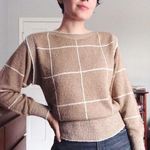 vintage • 1980s pullover sweater grid pattern boucle knit tan white plaid Photo 0