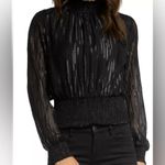 Elan  Black Shimmer Stripe Mock Neck Smocked Long Sleeve Blouse.  Size Large NWT Photo 0