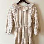 J.Crew  Seersucker Ruffle Neck Mini Dress Size 6 Side Zip Cotton Tan/White Plaid Photo 11