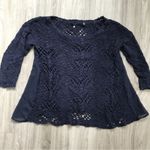 Anthropologie  Knitted & Knotted Open Knit Sweater Blue Sheer Chiffon Sides 3/4 M Photo 7