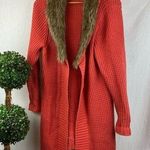 Old Navy Women's Orange Knit Long Faux Fur Collar Duster Sweater XL Photo 0