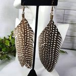 Spotted Guinea Fowl Feather Earrings Handmade New White Photo 1