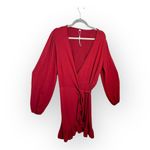 Source Unknown Deep Red Wrap Dress Ruffle Hem Balloon Sleeve Midi Romantic Stretchy L Photo 1