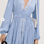 Maje  Light Blue Dress with White Lace Detail Embroidered Satin Photo 0