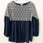 Sundance  Embroidered Lantern Sleeve Blouse in Navy White Size Medium M Photo 0