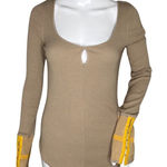 Free People Shirt Women Small Taupe Yellow Mod Stripe Cuff Thermal Top Bohemian Photo 0