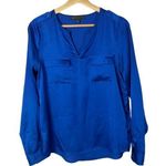 Outback Red Royal Blue Pocket Front Satin Long Sleeve Blouse XS Photo 0